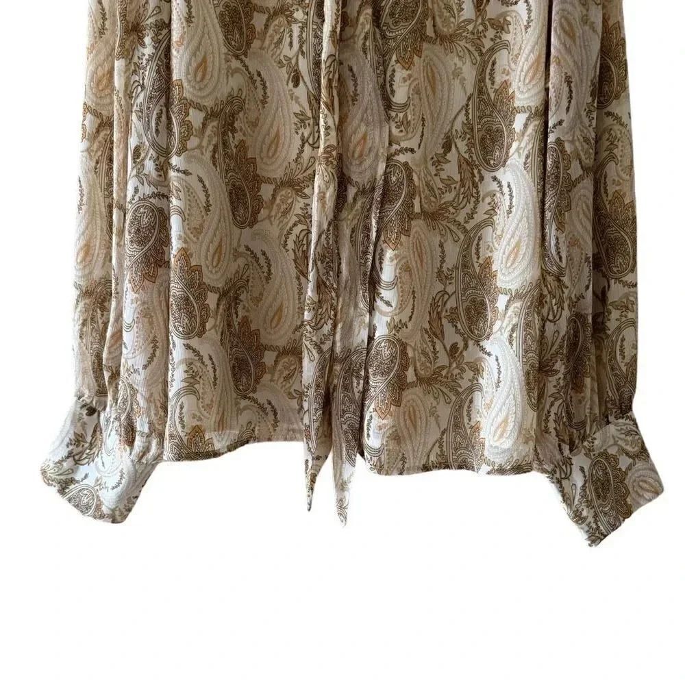 Joie PAISLEY PRINTED RETRO BLOUSE Linen IN BROWN Cream SZ L #1955 - Picture 3 of 11